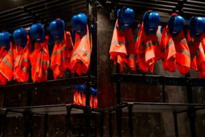 Row of orange safety vests and blue helmets hanging in industrial setting